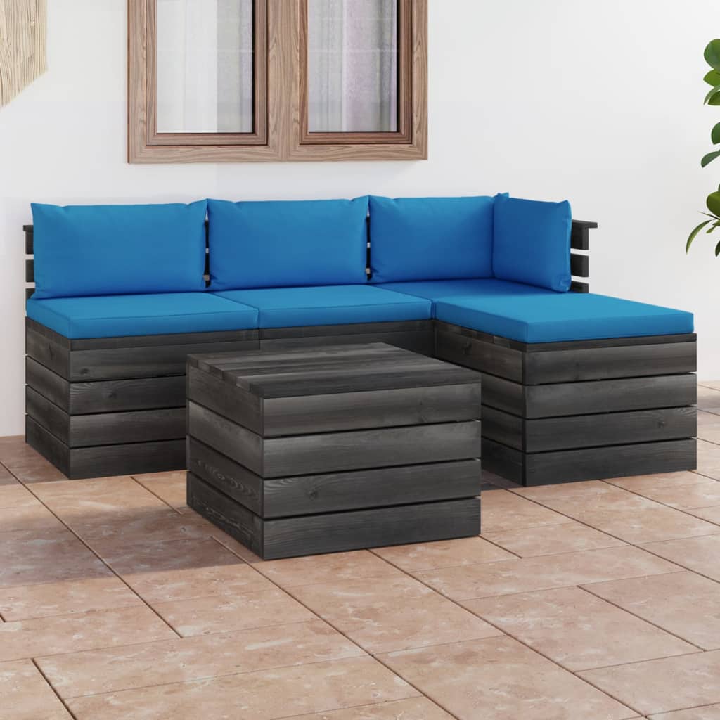 5-delige Loungeset met kussens pallet massief grenenhout