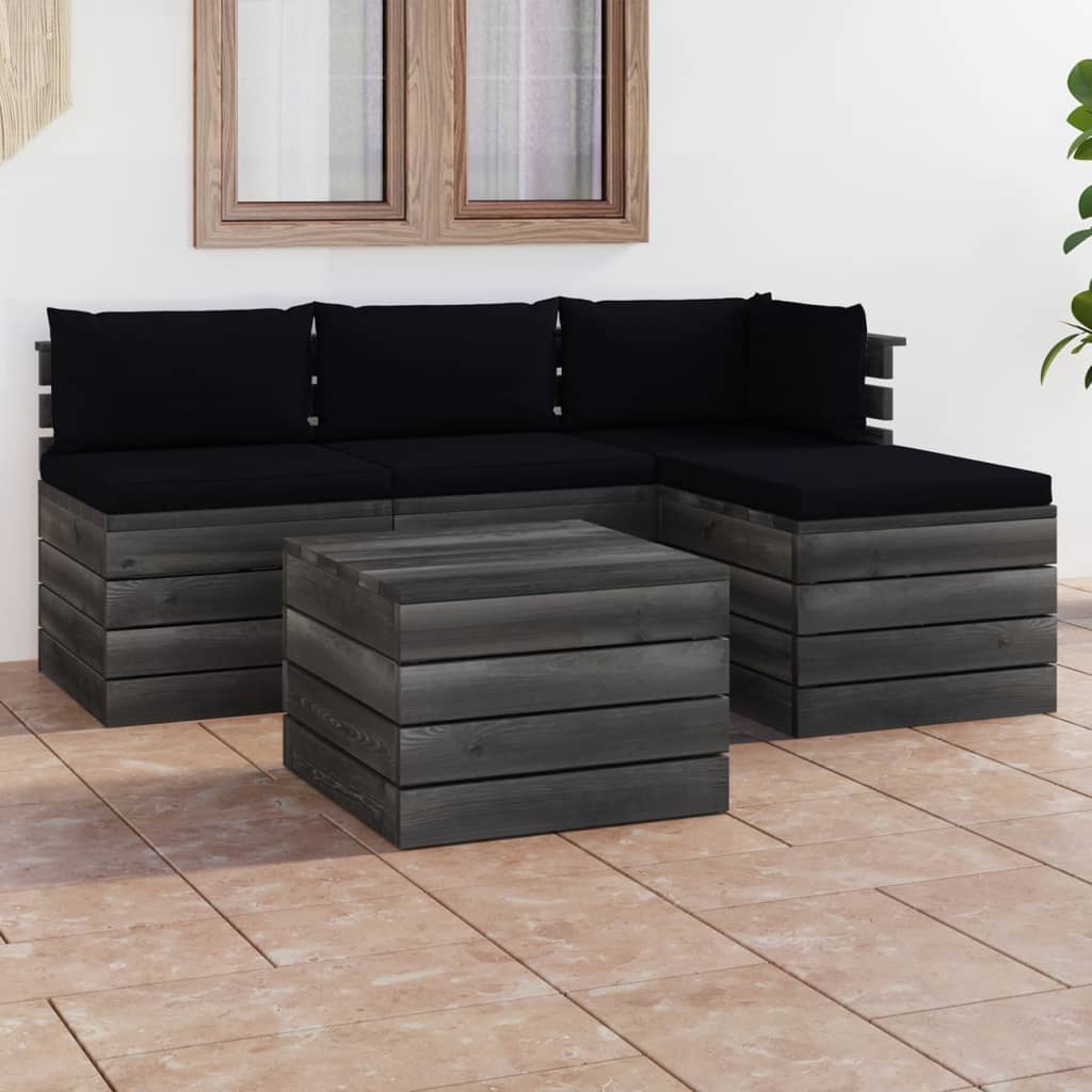 5-delige Loungeset met kussens pallet massief grenenhout