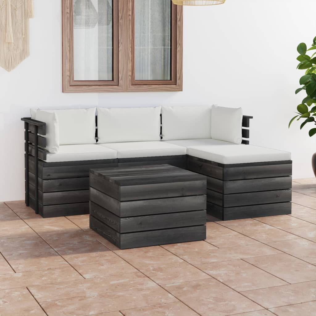 5-delige Loungeset met kussens pallet massief grenenhout