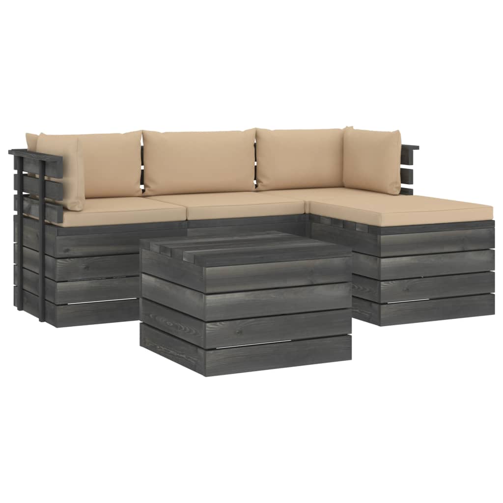 5-delige Loungeset met kussens pallet massief grenenhout