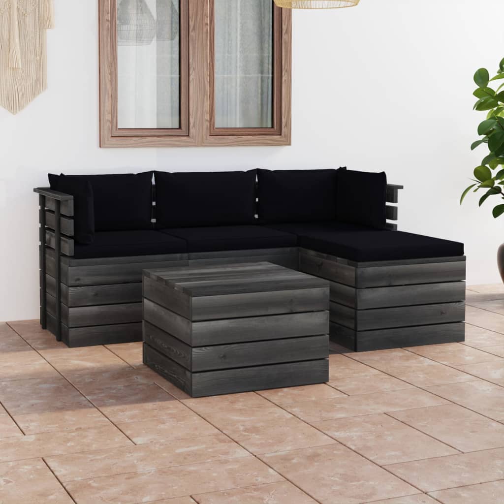 5-delige Loungeset met kussens pallet massief grenenhout