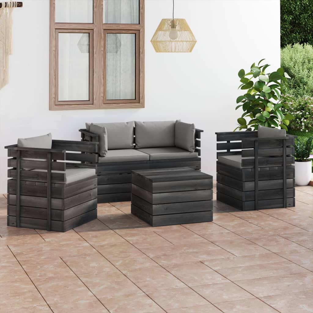 5-delige Loungeset met kussens pallet massief grenenhout