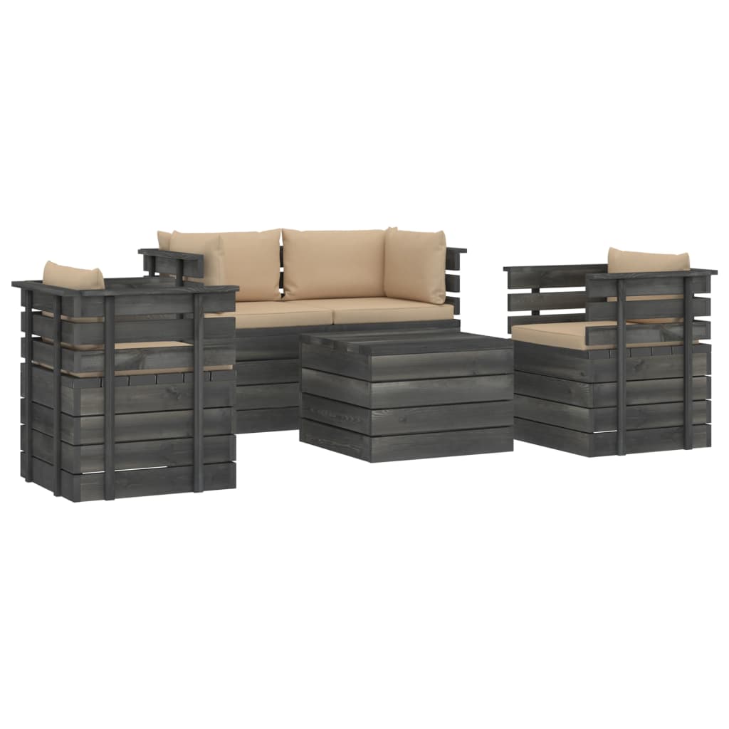 5-delige Loungeset met kussens pallet massief grenenhout