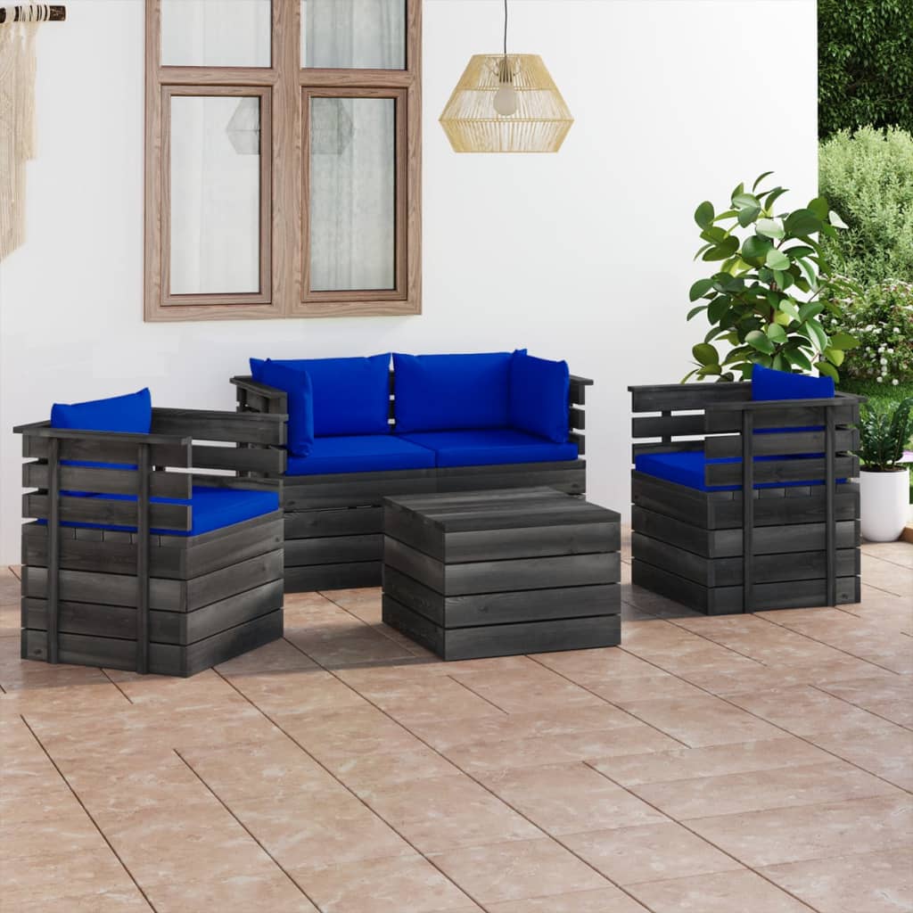 5-delige Loungeset met kussens pallet massief grenenhout