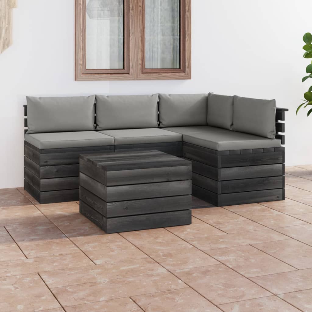 5-delige Loungeset met kussens pallet massief grenenhout