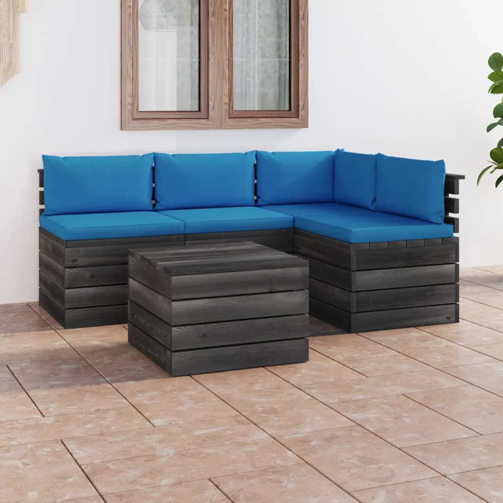 5-delige Loungeset met kussens pallet massief grenenhout