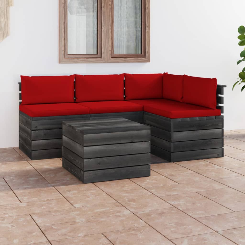 5-delige Loungeset met kussens pallet massief grenenhout