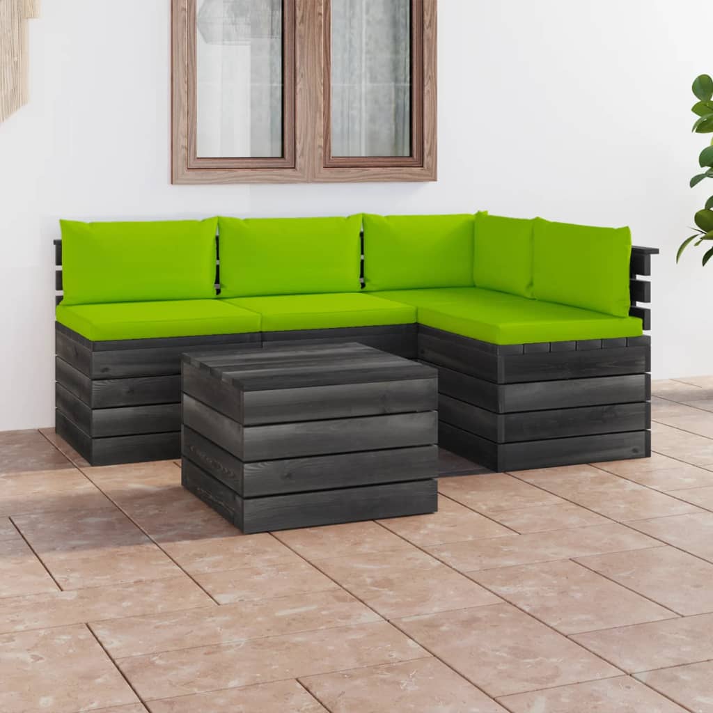 5-delige Loungeset met kussens pallet massief grenenhout