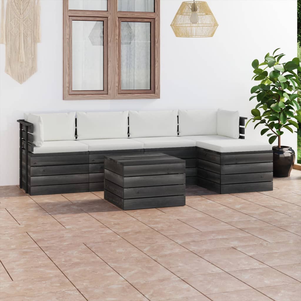 6-delige Loungeset met kussens pallet massief grenenhout