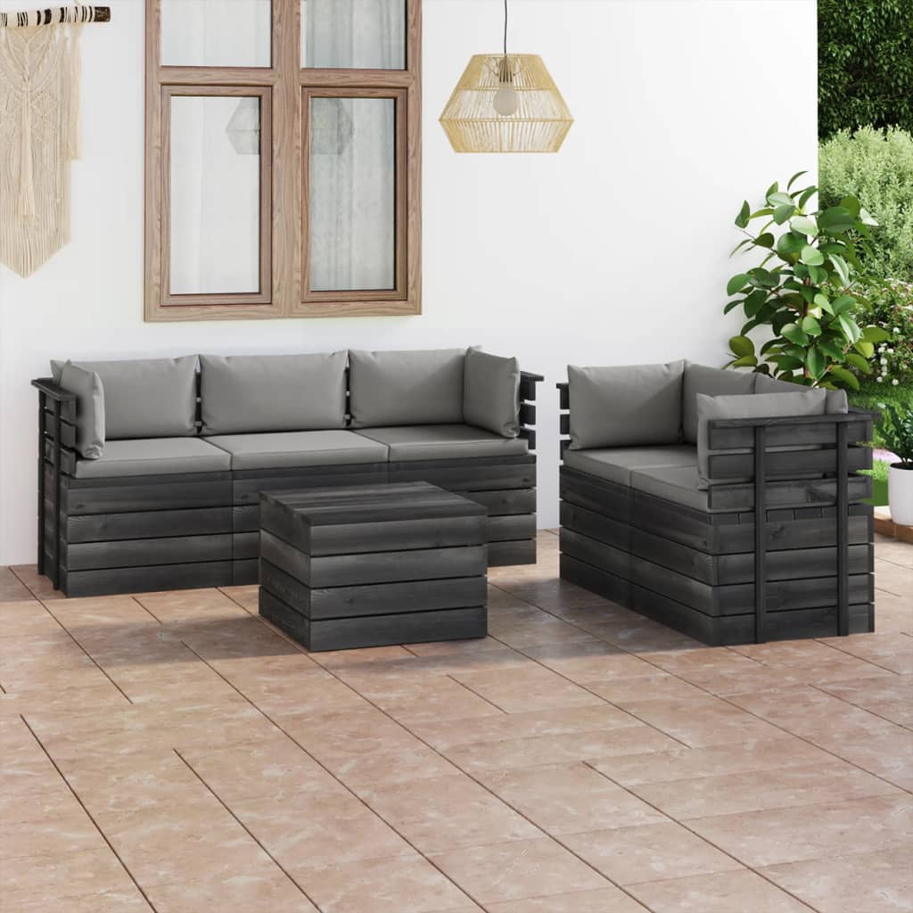 6-delige Loungeset met kussens pallet massief grenenhout