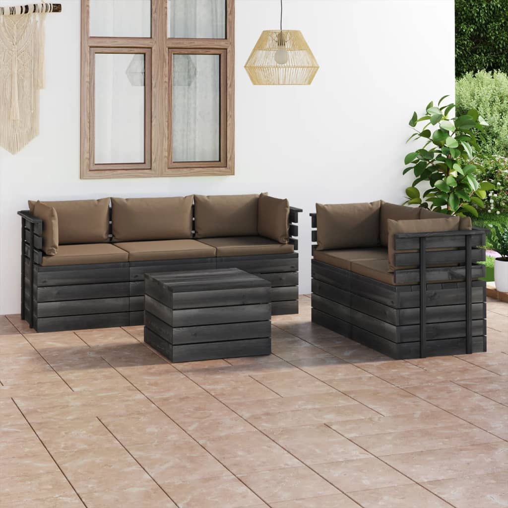 6-delige Loungeset met kussens pallet massief grenenhout