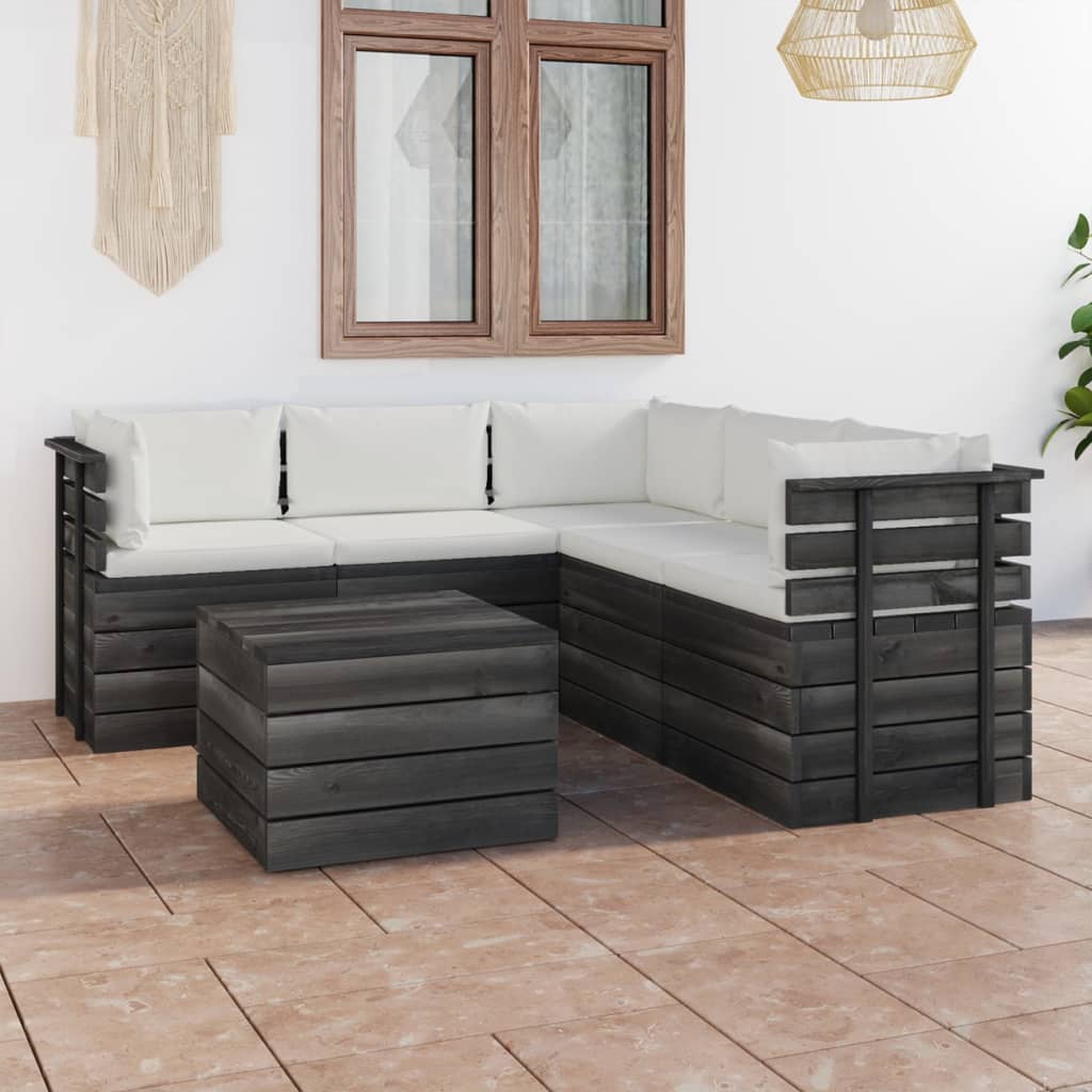 6-delige Loungeset met kussens pallet massief grenenhout