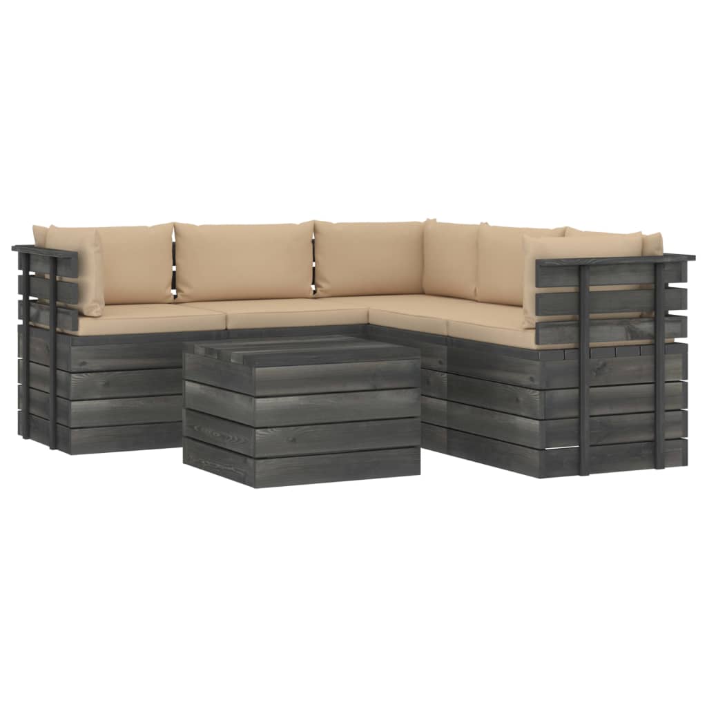 6-delige Loungeset met kussens pallet massief grenenhout