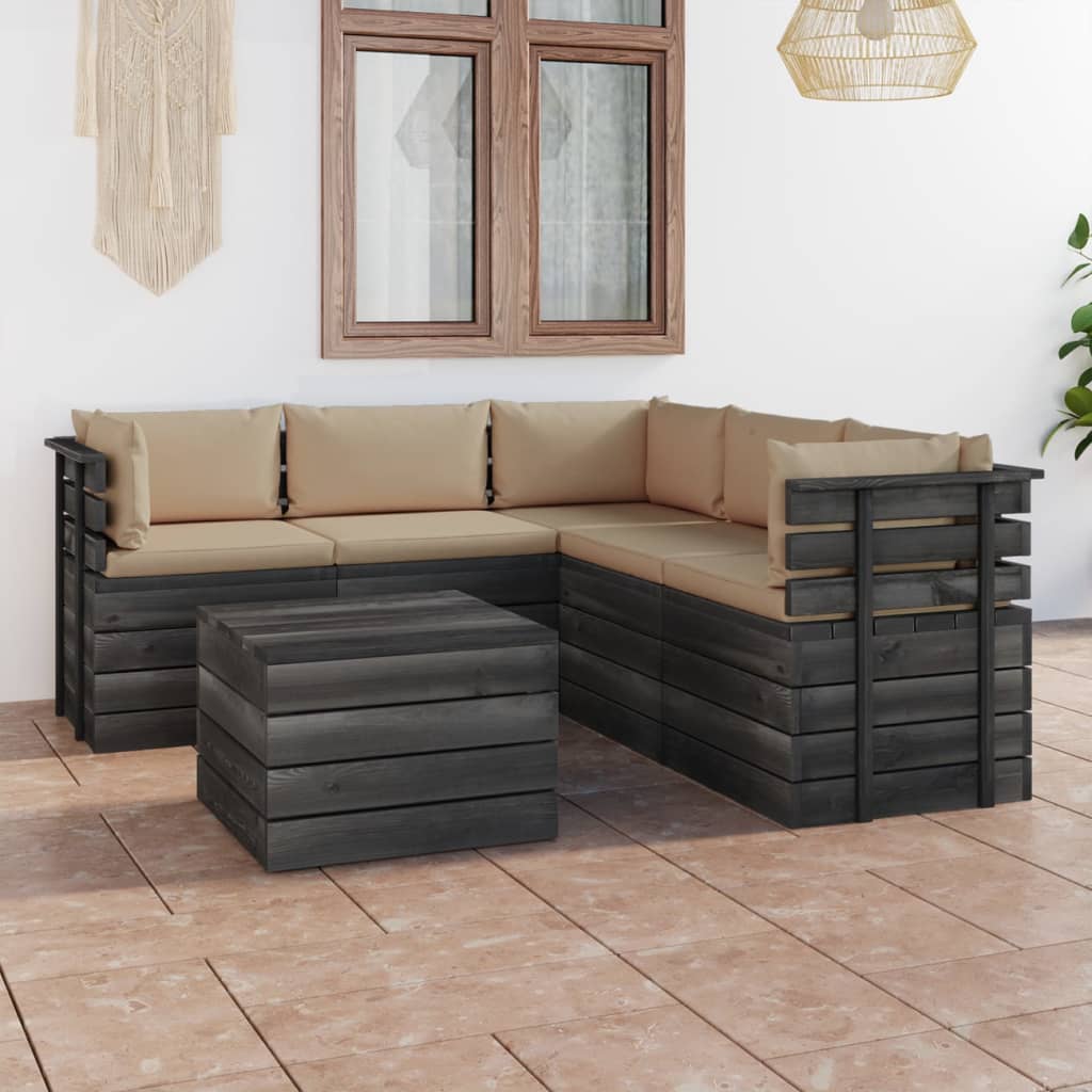 6-delige Loungeset met kussens pallet massief grenenhout