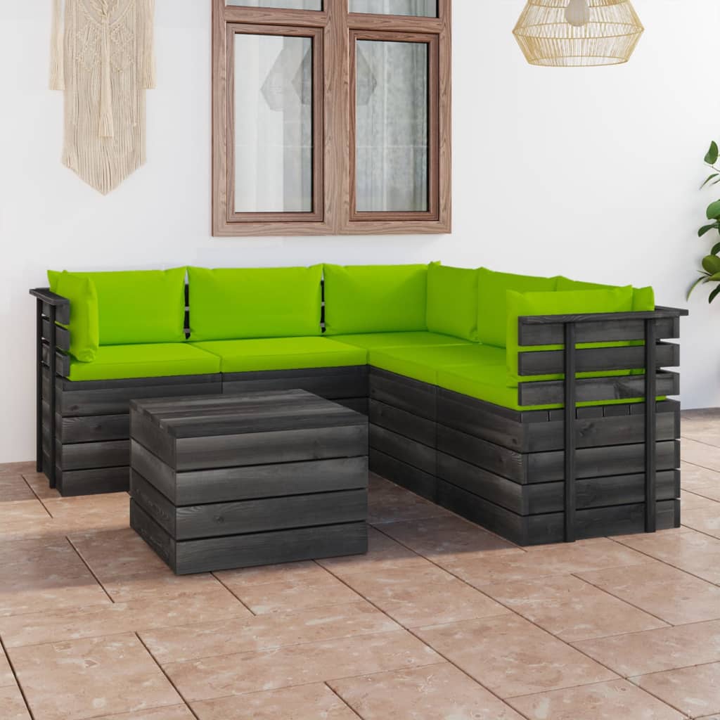 6-delige Loungeset met kussens pallet massief grenenhout