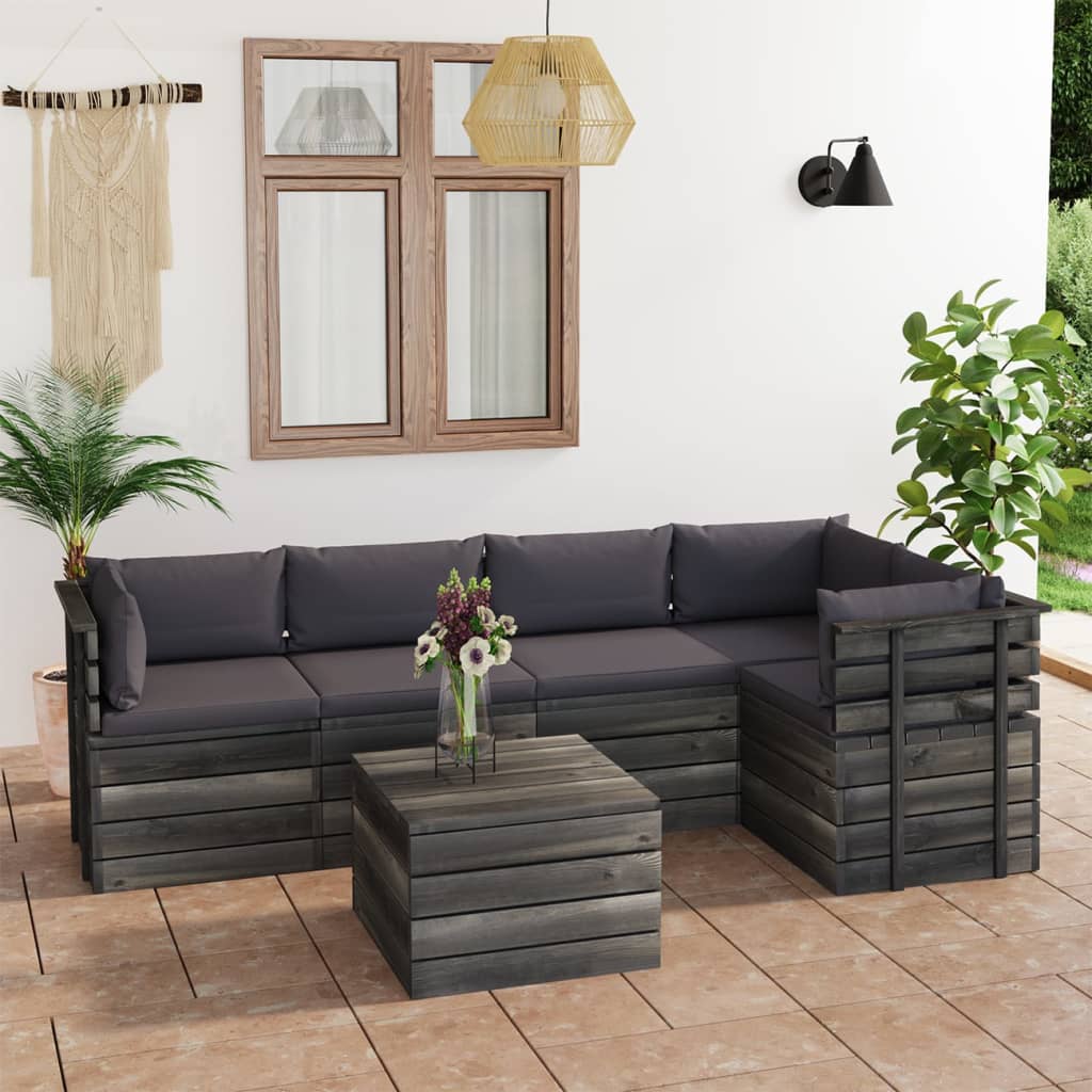 6-delige Loungeset met kussens pallet massief grenenhout