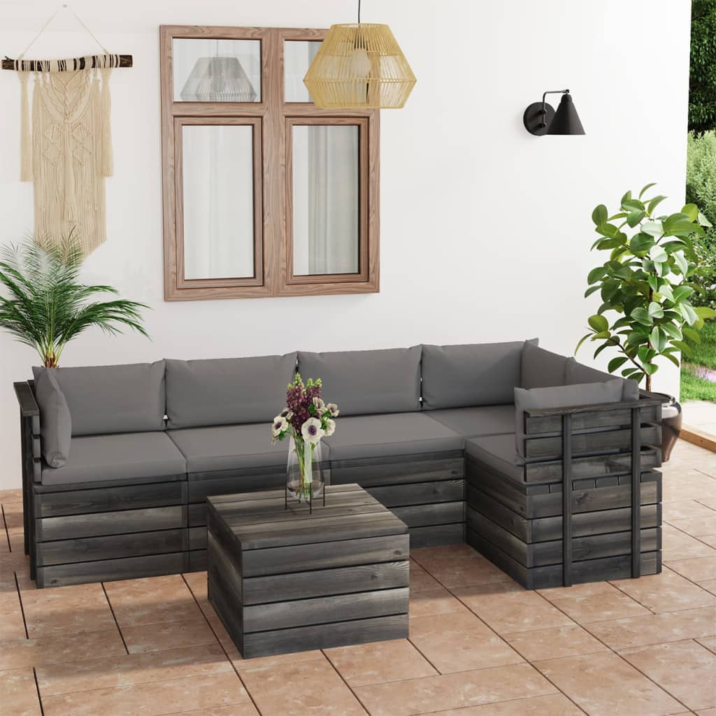 6-delige Loungeset met kussens pallet massief grenenhout