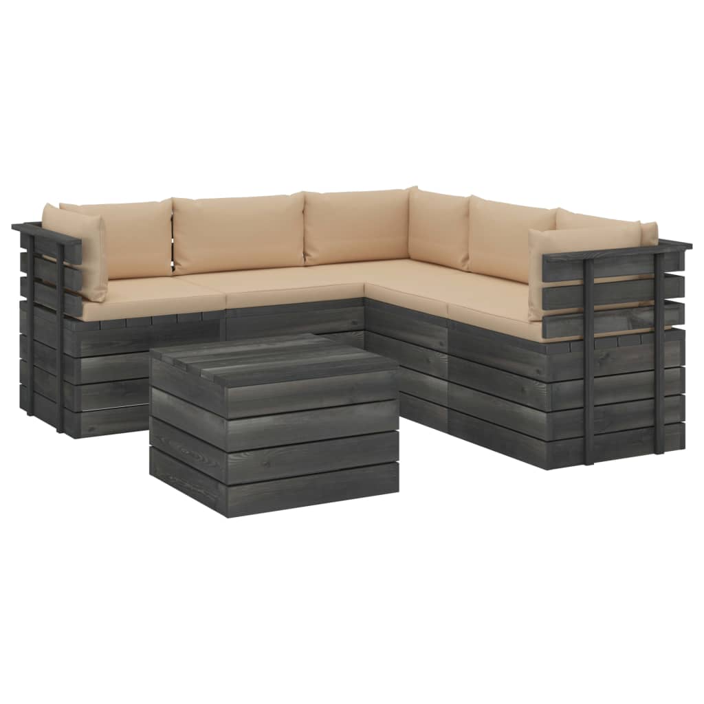 6-delige Loungeset met kussens pallet massief grenenhout