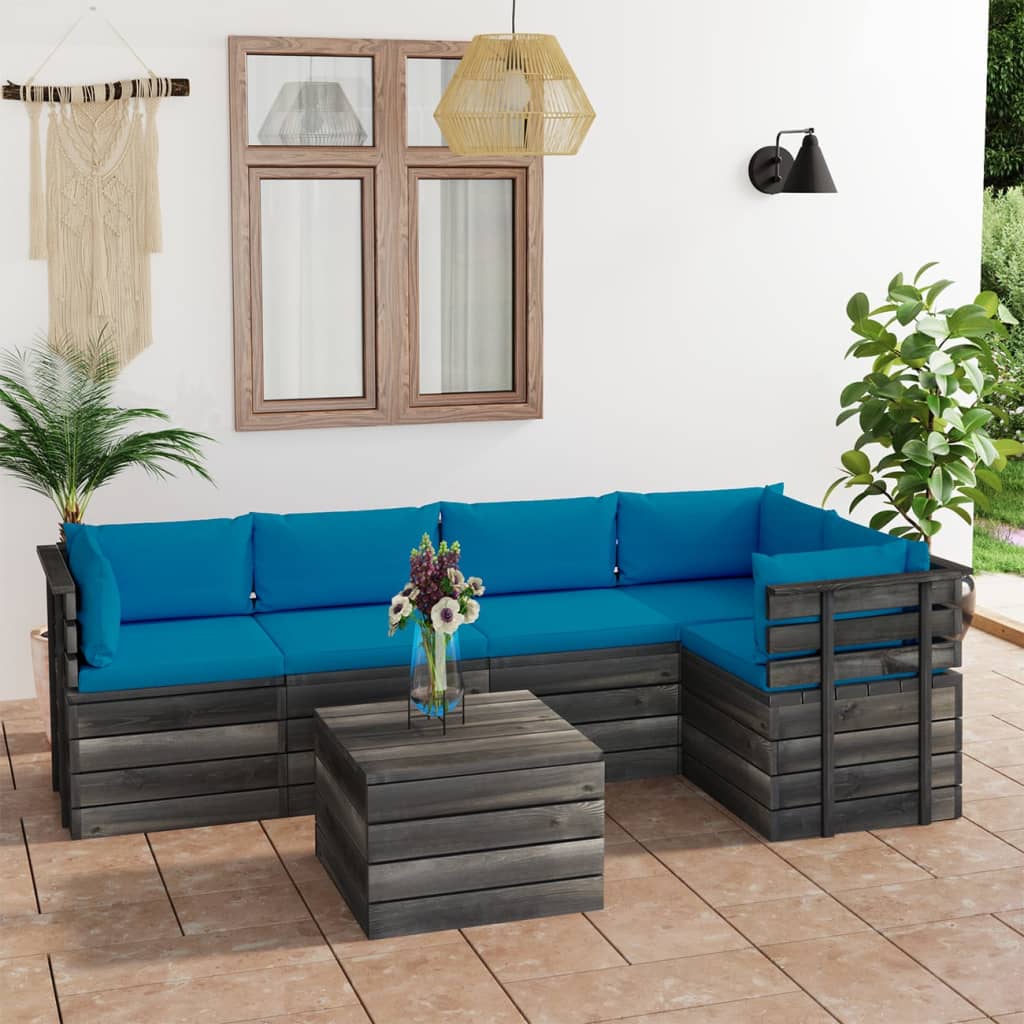 6-delige Loungeset met kussens pallet massief grenenhout