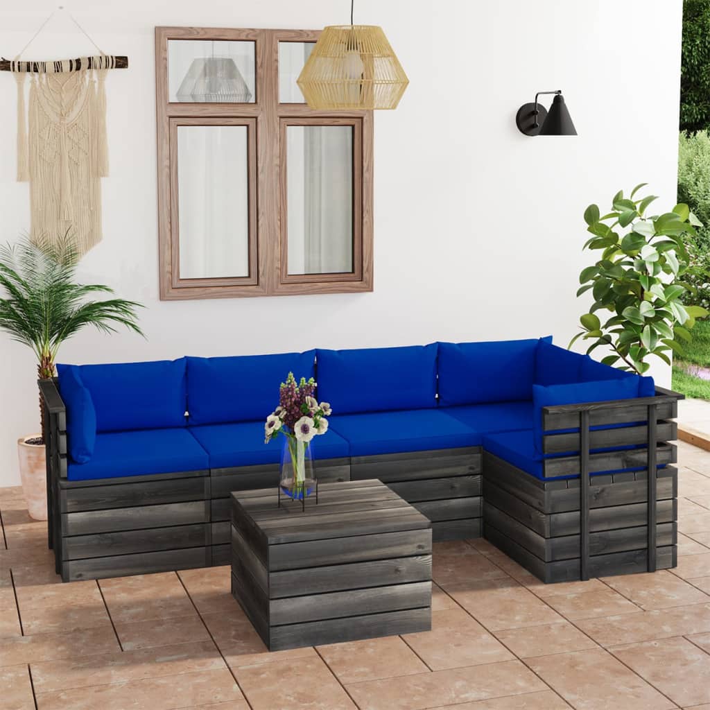 6-delige Loungeset met kussens pallet massief grenenhout