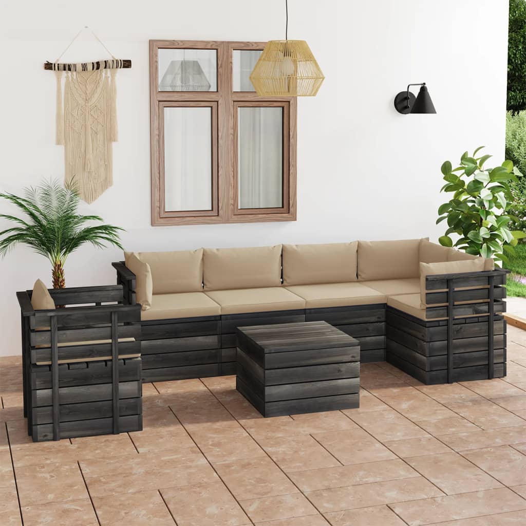 7-delige Loungeset met kussens pallet massief grenenhout