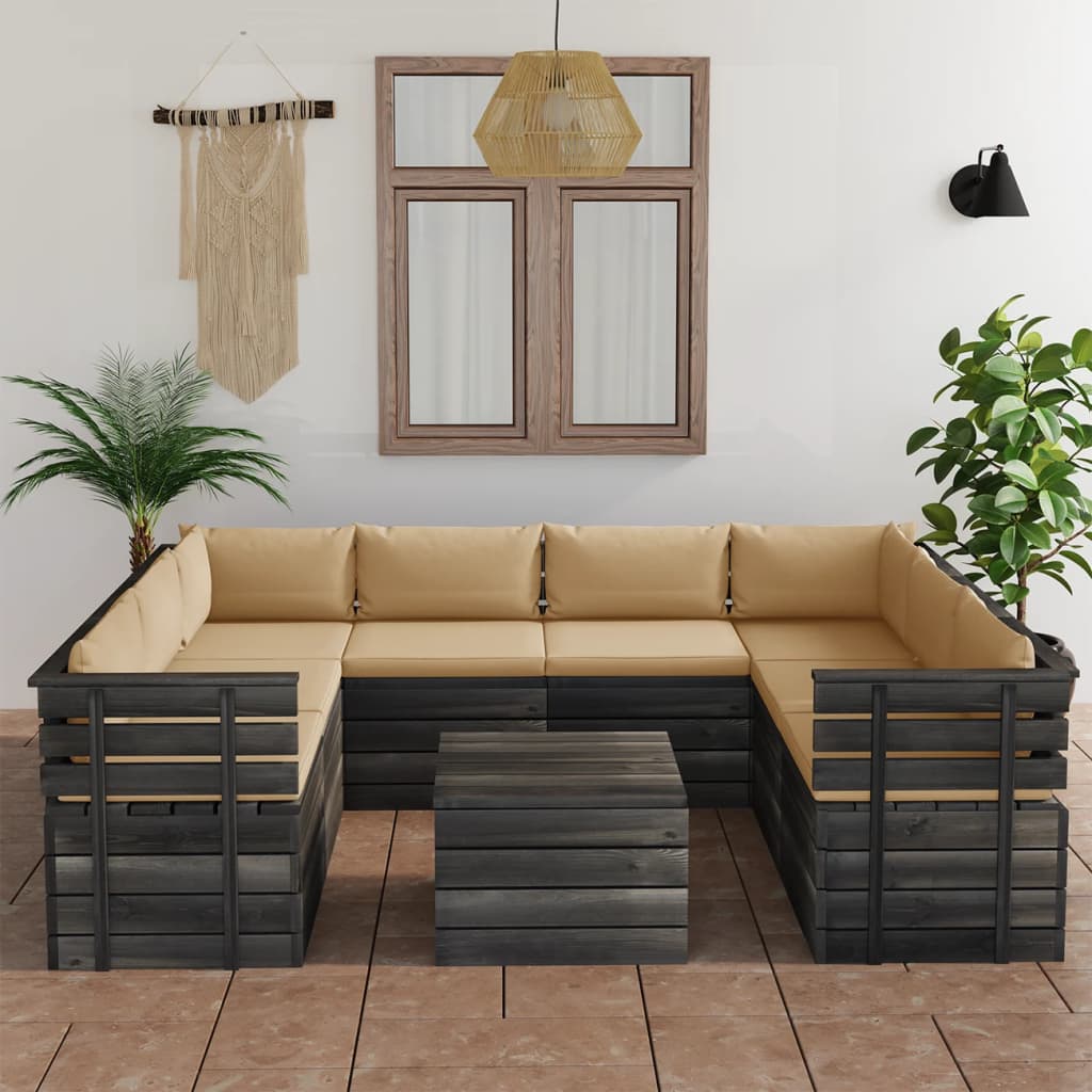 9-delige Loungeset met kussens pallet massief grenenhout