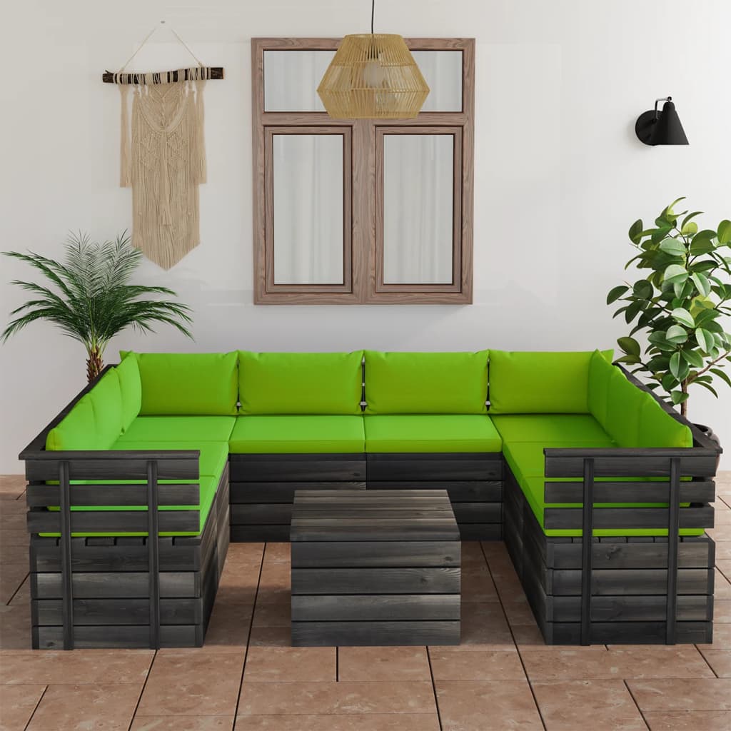 9-delige Loungeset met kussens pallet massief grenenhout