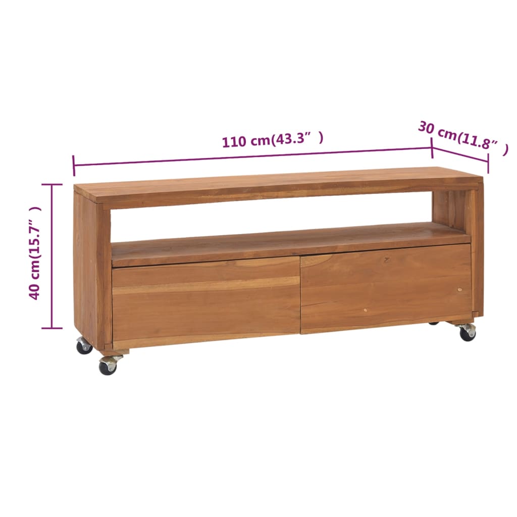 Tv-meubel met wielen 110x30x40 cm massief teakhout