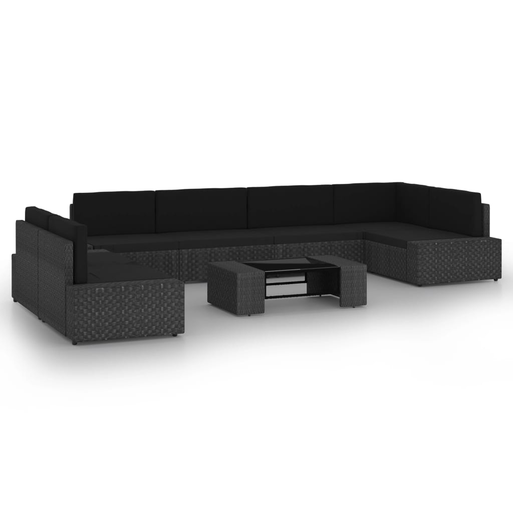 6-delige Loungeset met kussens poly rattan zwart