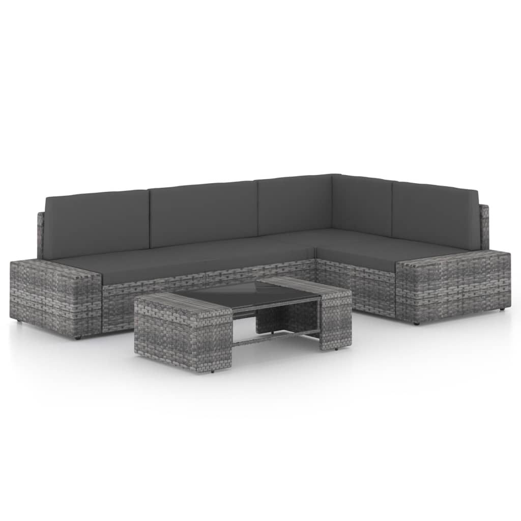 6-delige Loungeset met kussens poly rattan grijs