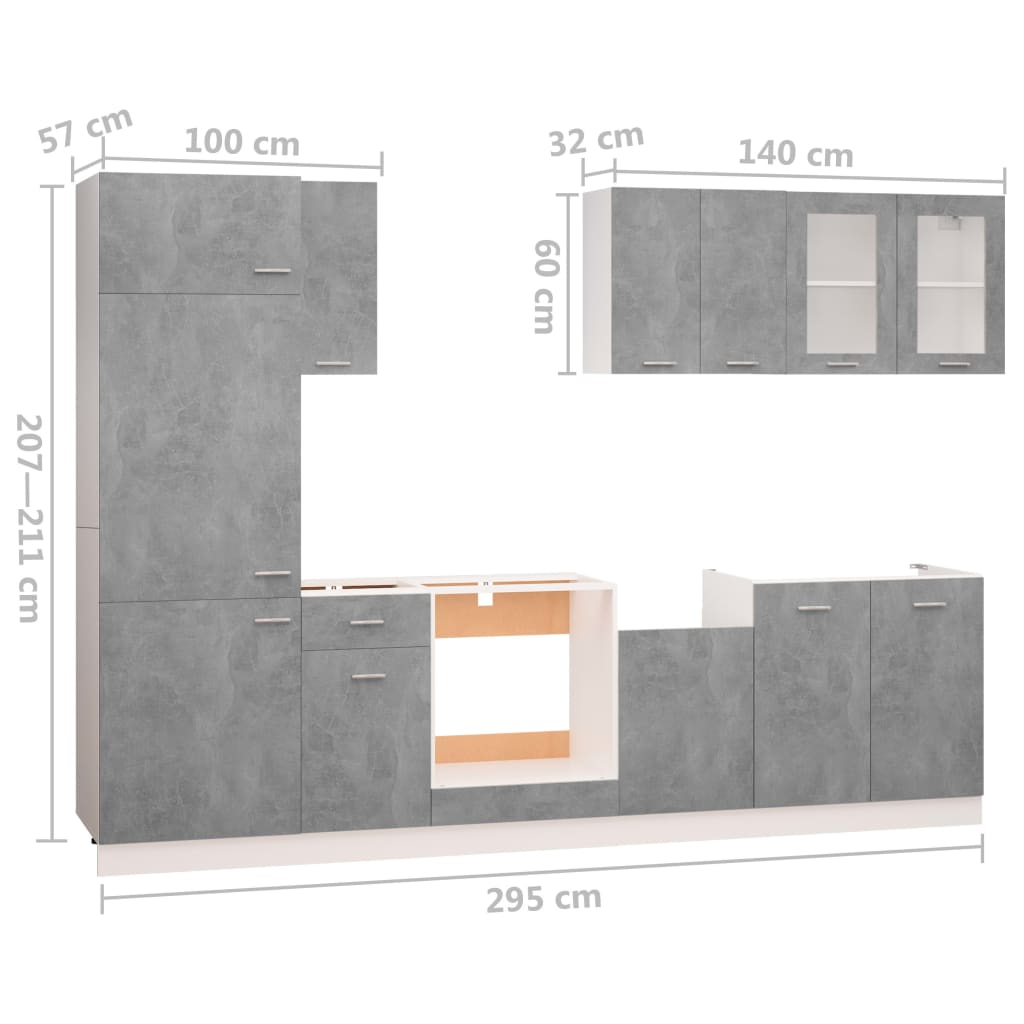 8-delige Keukenkastenset bewerkt hout betongrijs