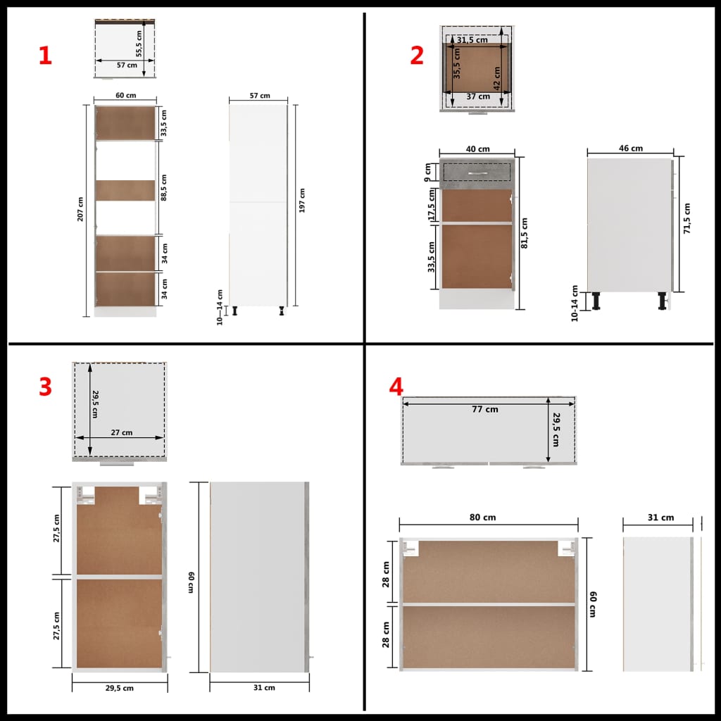 8-delige Keukenkastenset bewerkt hout