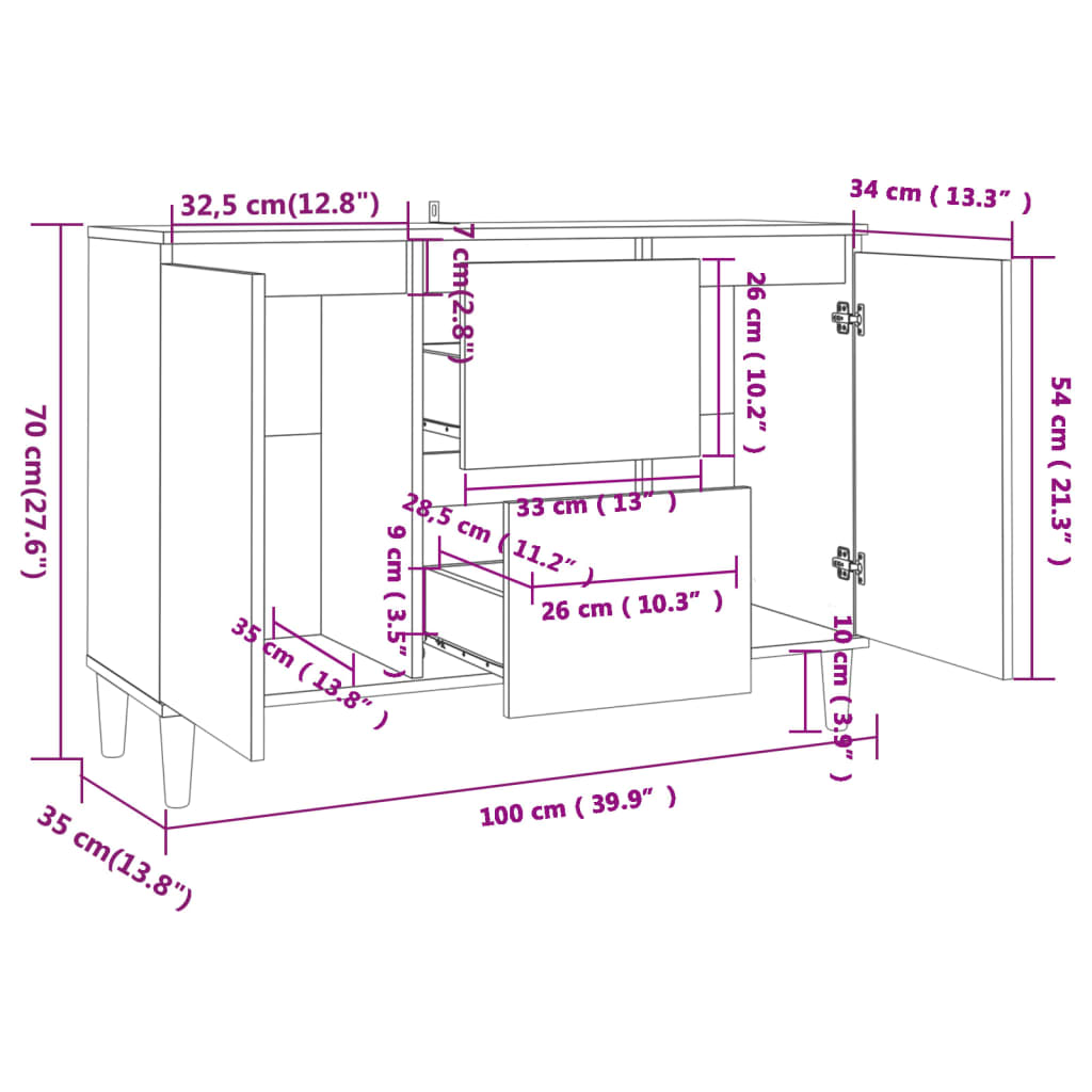 Dressoir 101x35x70 cm bewerkt hout eikenkleurig