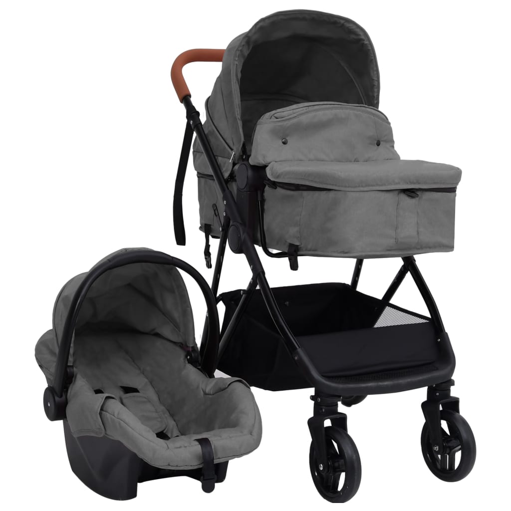 Kinderwagen 3-in-1 staal antracietkleurig en zwart