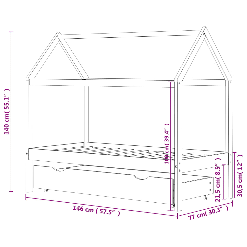 Kinderbedframe met lade grenenhout 80x160 cm