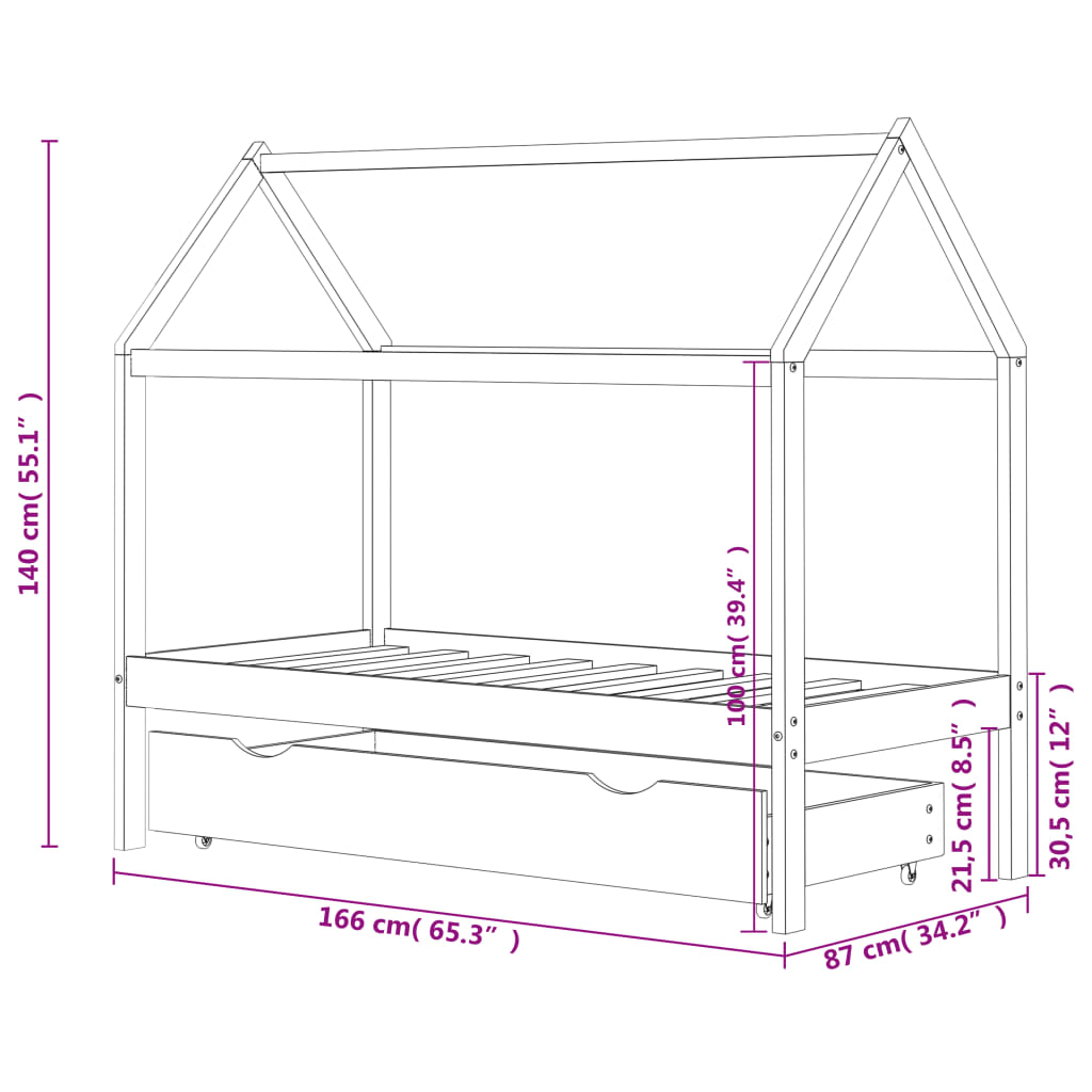 Kinderbedframe met lade grenenhout 80x160 cm