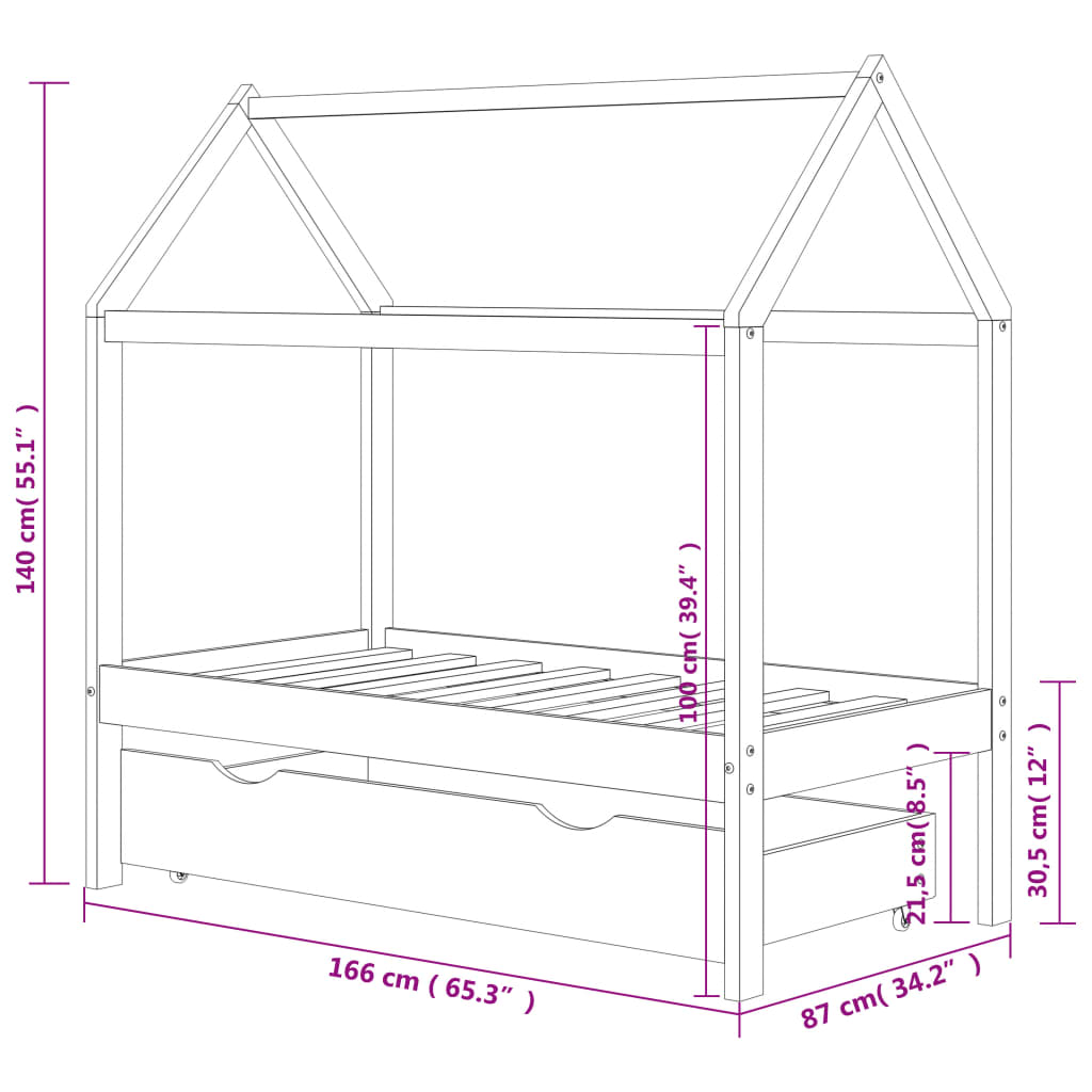 Kinderbedframe met lade grenenhout 80x160 cm