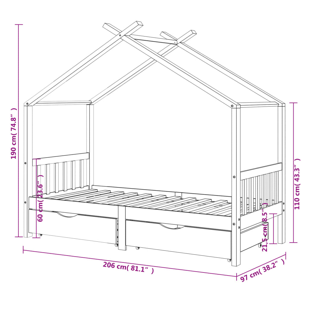 Kinderbedframe met lade grenenhout 70x140 cm