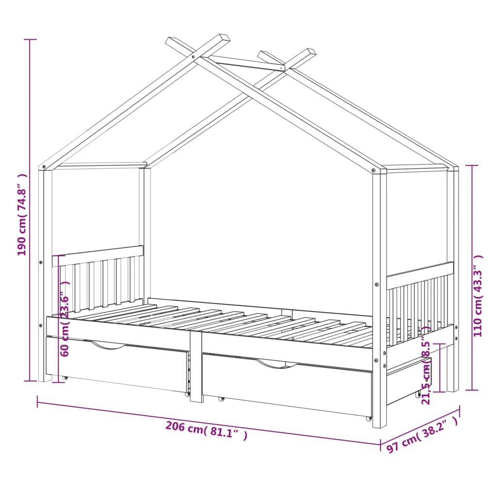 Kinderbedframe met lade grenenhout 70x140 cm