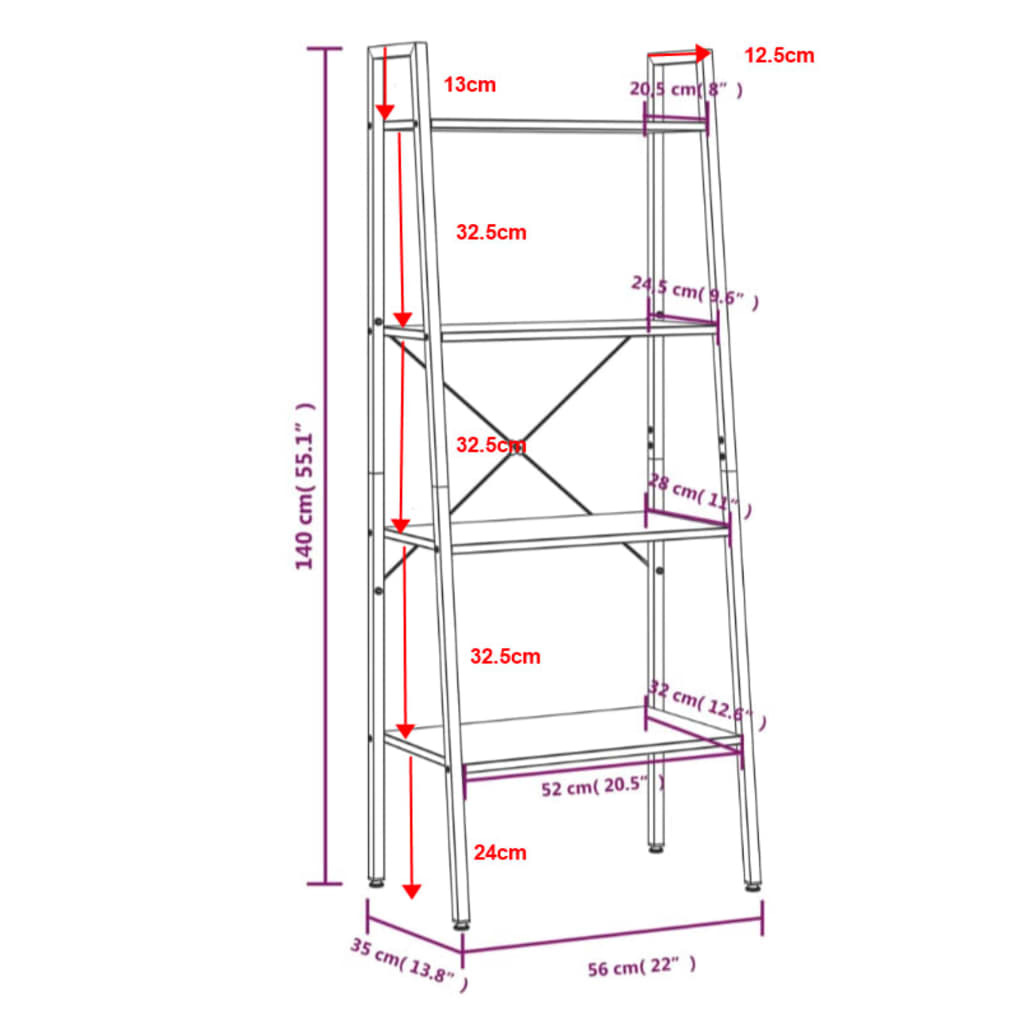 Ladderrek met 4 schappen 56x35x140 cm en