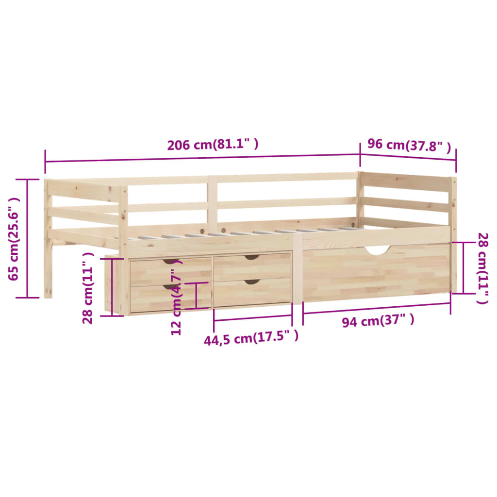 Bedframe met lades en kast grenenhout 90x200 cm