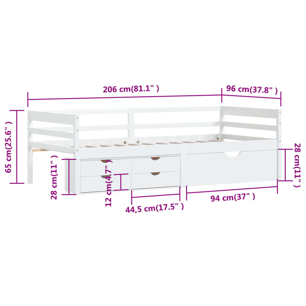 Bedframe met lades en kast grenenhout 90x200 cm