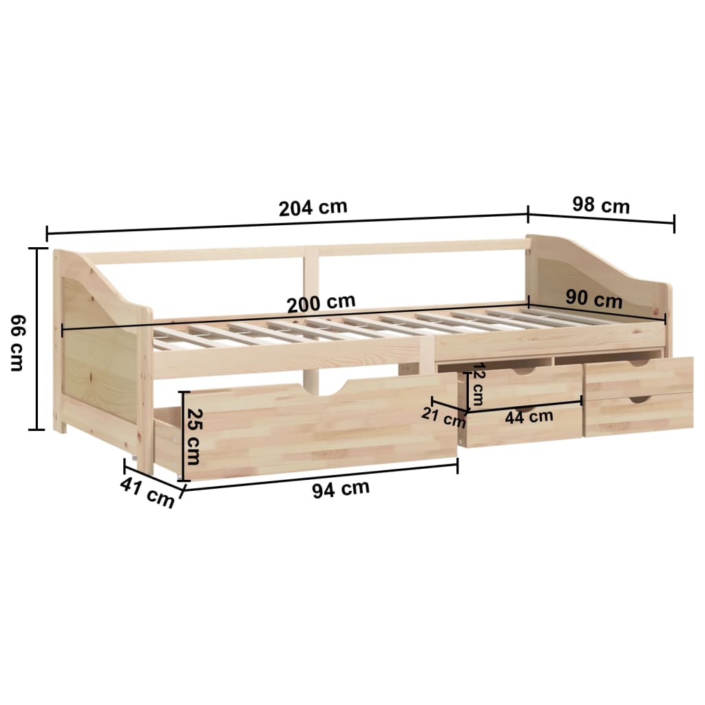 Bedbank 3-zits met lades grenenhout 90x200 cm