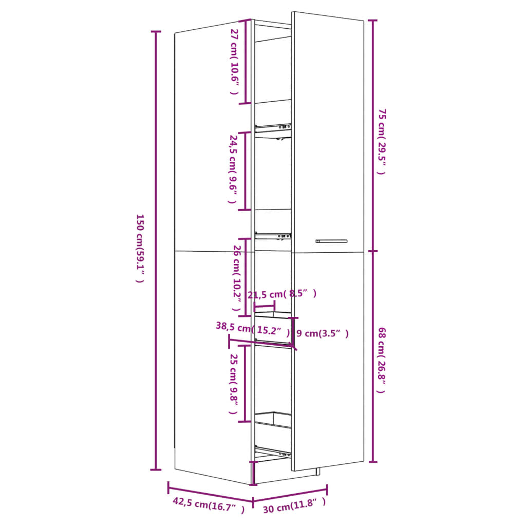 Apothekerskast 30x42,5x150 cm bewerkt hout