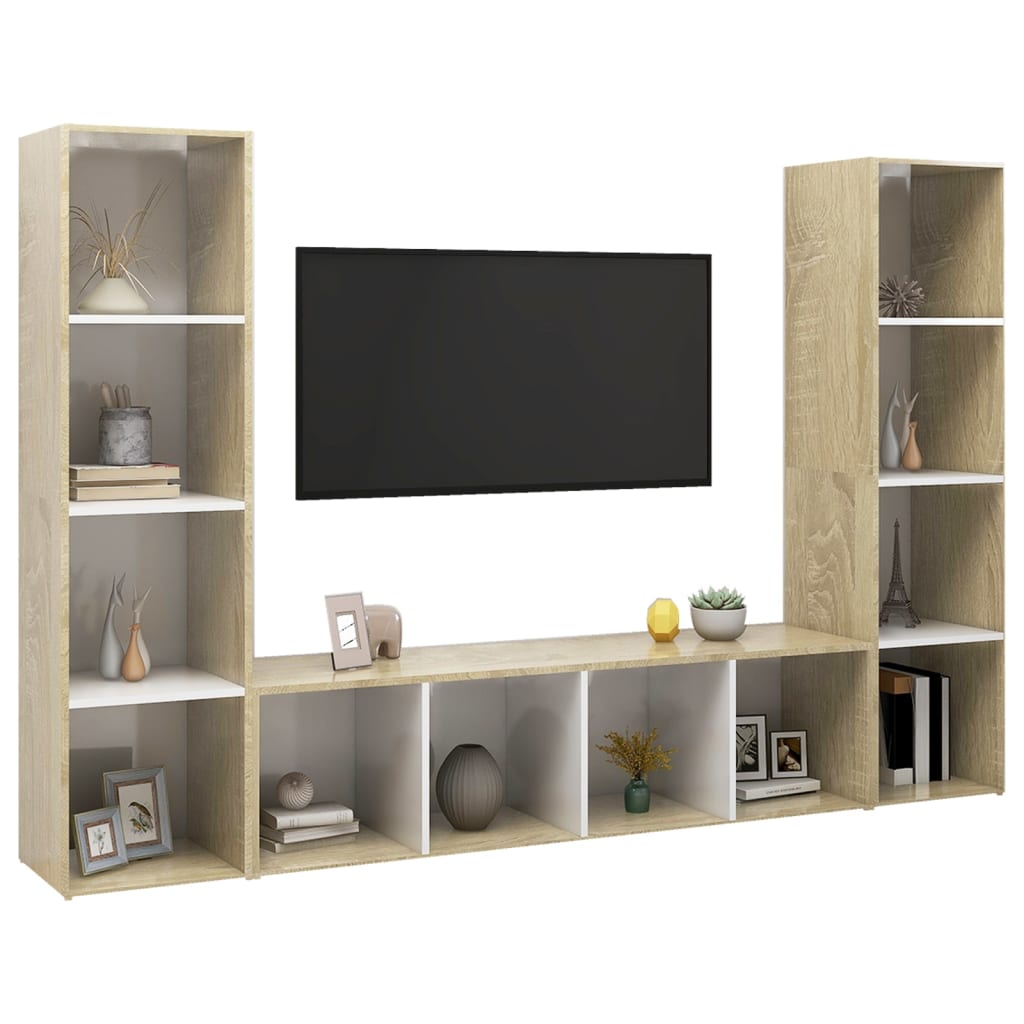 Tv-meubelen 3 st 142,5x35x36,5 cm spaanplaat wit sonoma eiken