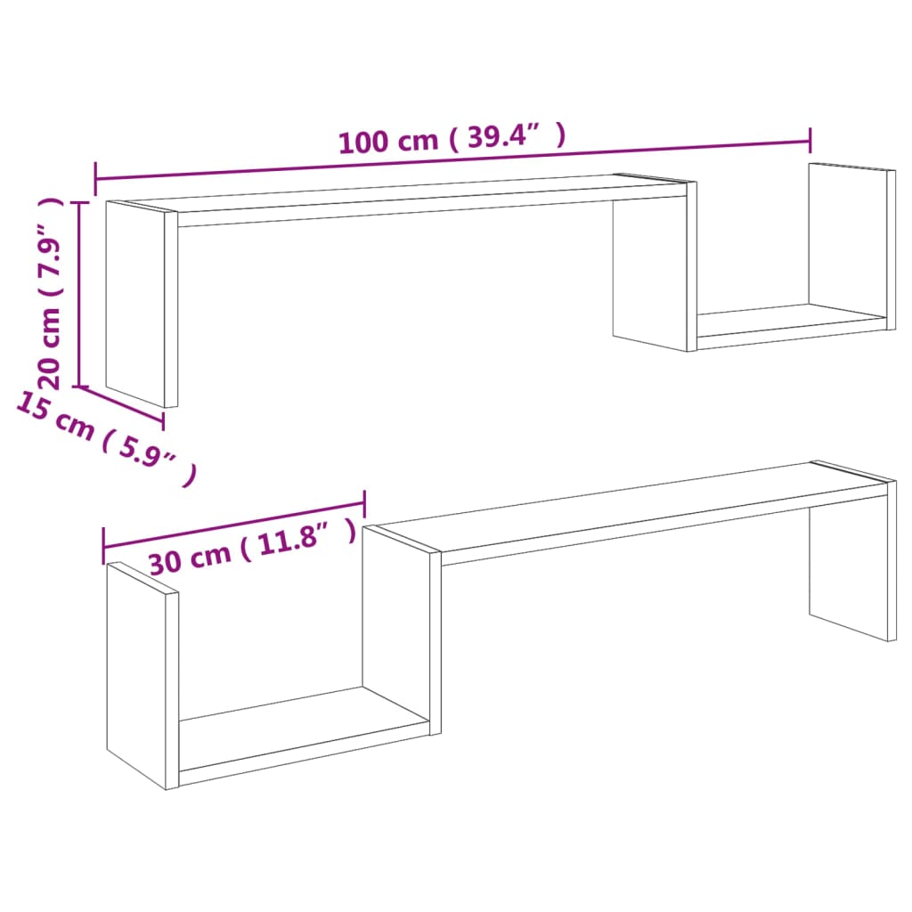 Wandschappen 2 st 100x15x20 cm bewerkt hout