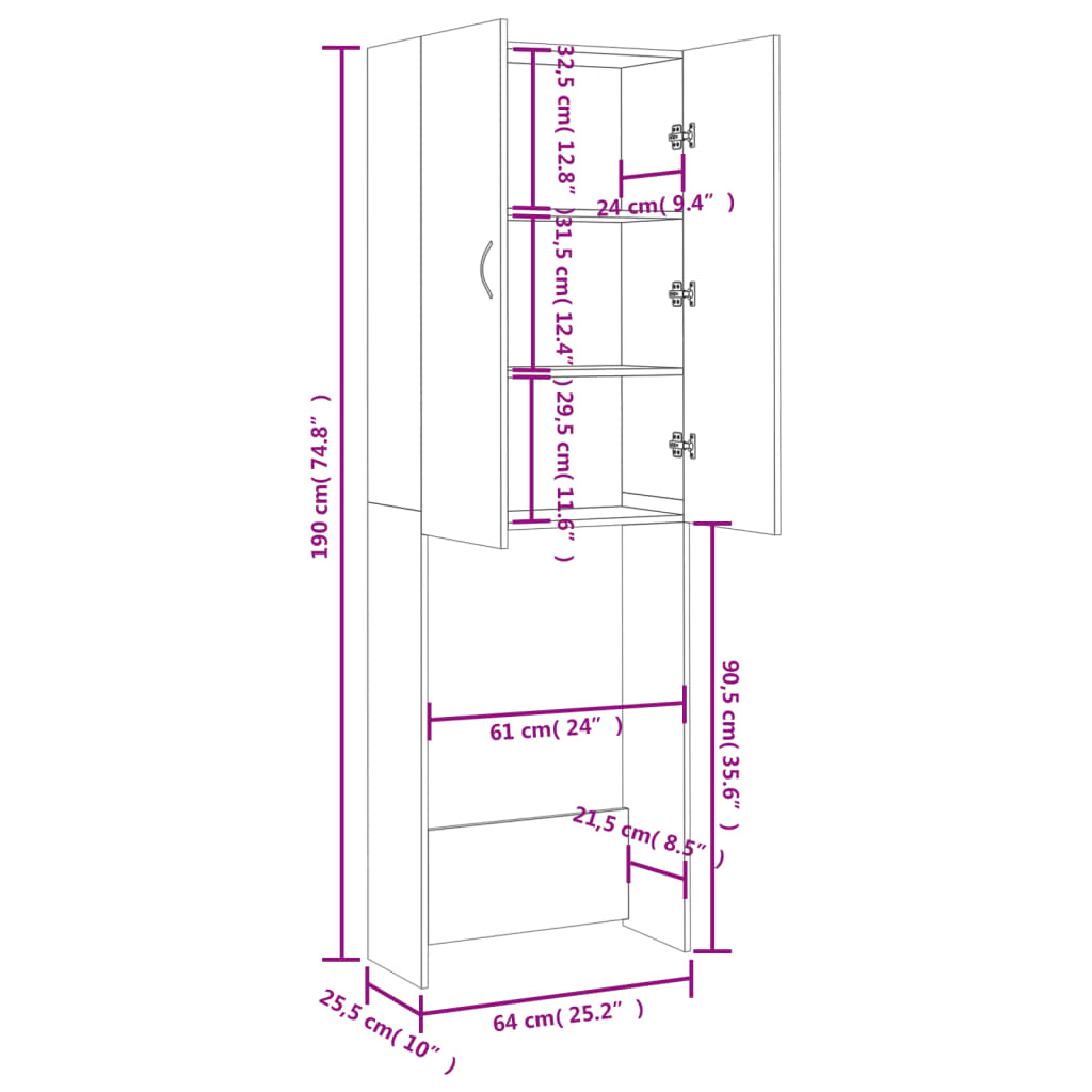 Wasmachinekast 64x25,5x190 cm oud houtkleurig