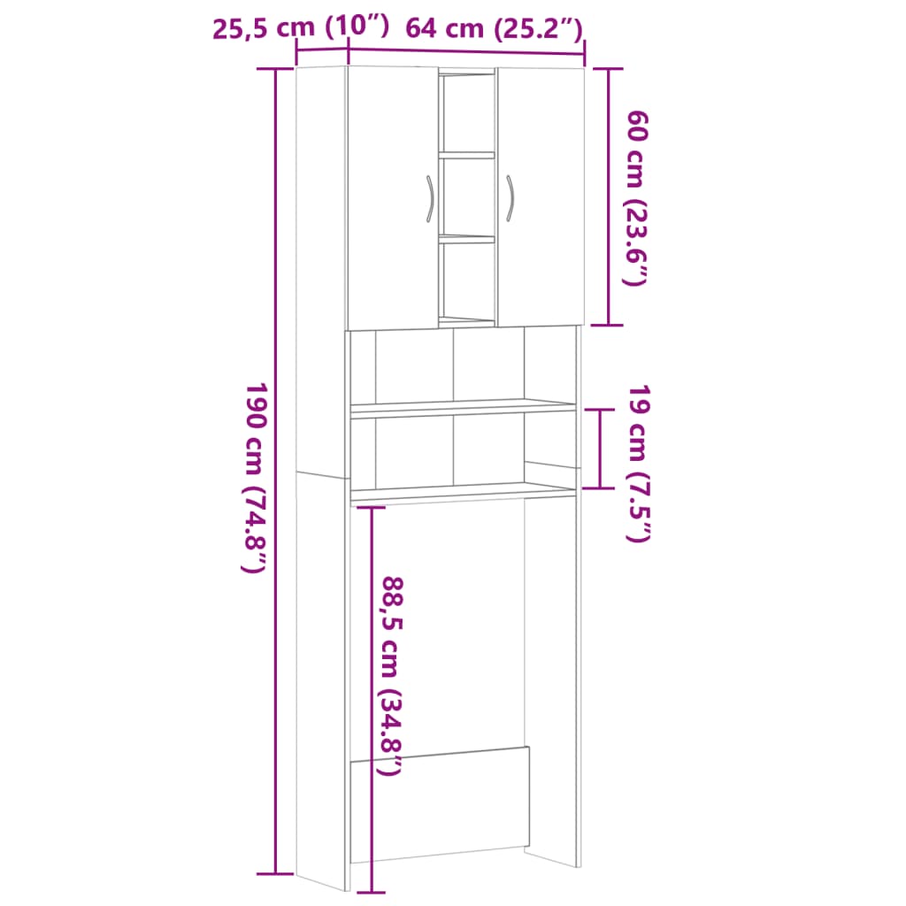 Wasmachinekast 64x25,5x190 cm bruin eikenkleur