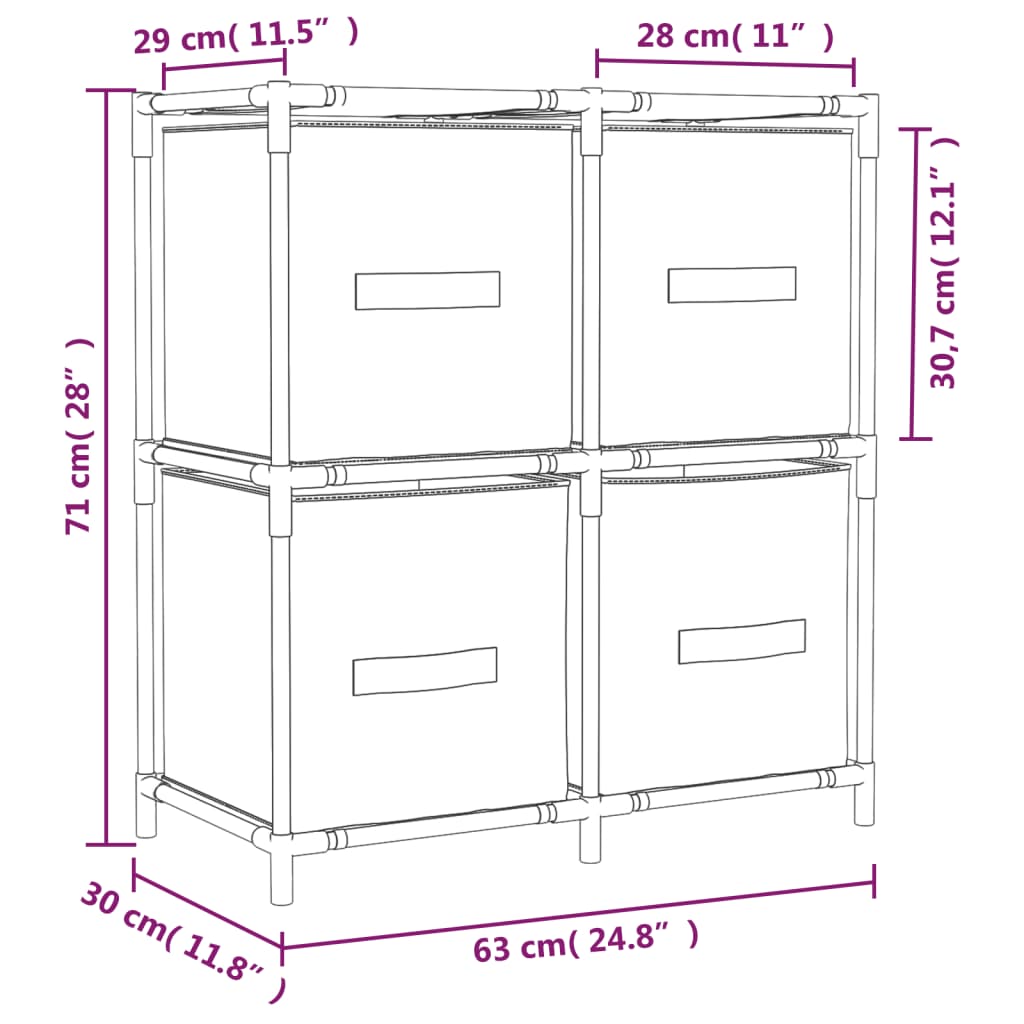 Opbergkast met 4 stoffen manden 63x30x71 cm staal