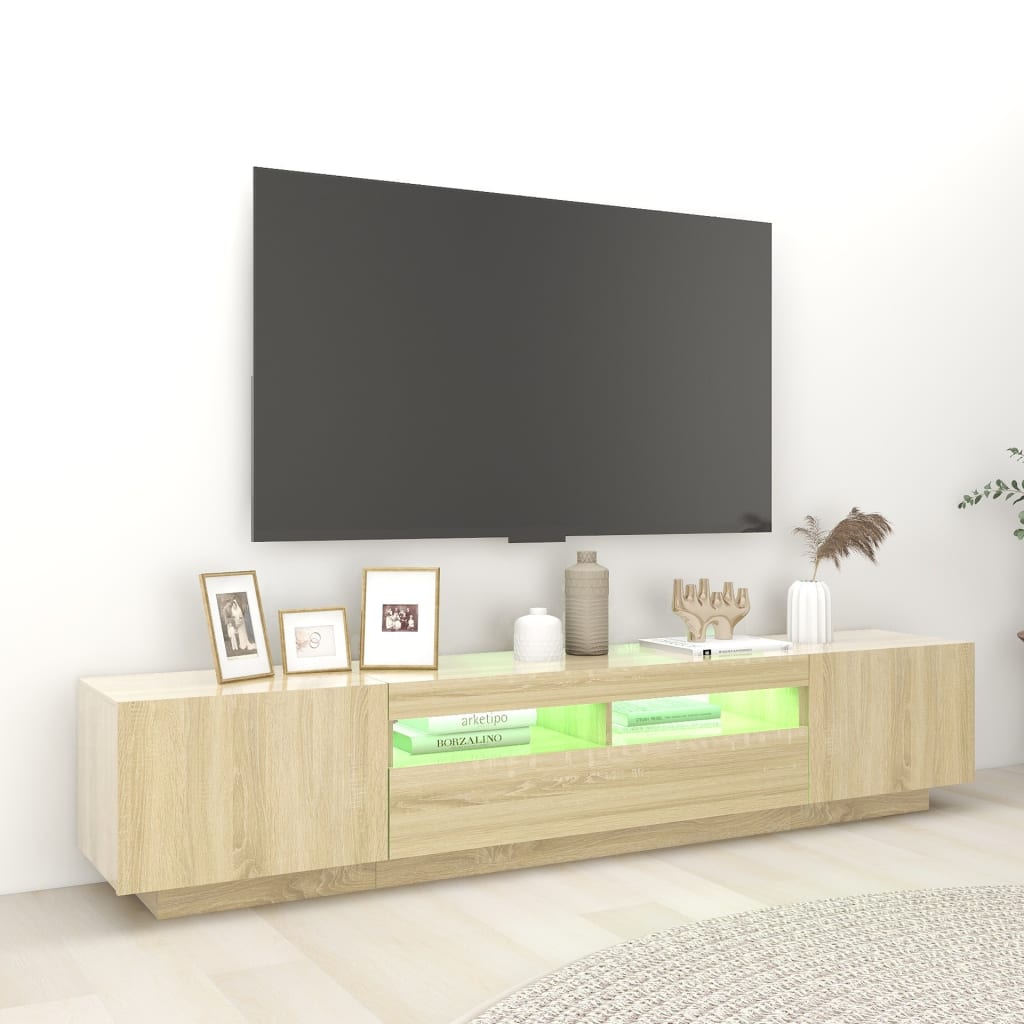 Tv-meubel met LED 200x35x40 cm bewerkt hout artisanaal eiken